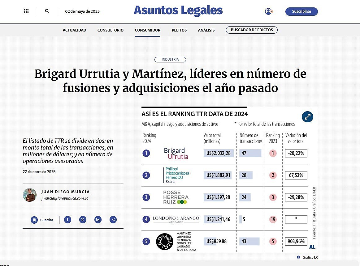 Brigard Urrutia y Martnez, lderes en nmero de fusiones y adquisiciones el ao pasado